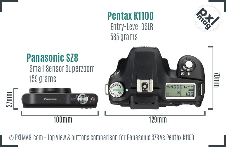 Panasonic SZ8 vs Pentax K110D top view buttons comparison