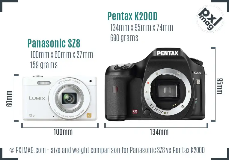 Panasonic SZ8 vs Pentax K200D size comparison