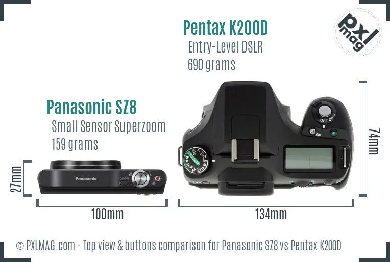 Panasonic SZ8 vs Pentax K200D top view buttons comparison