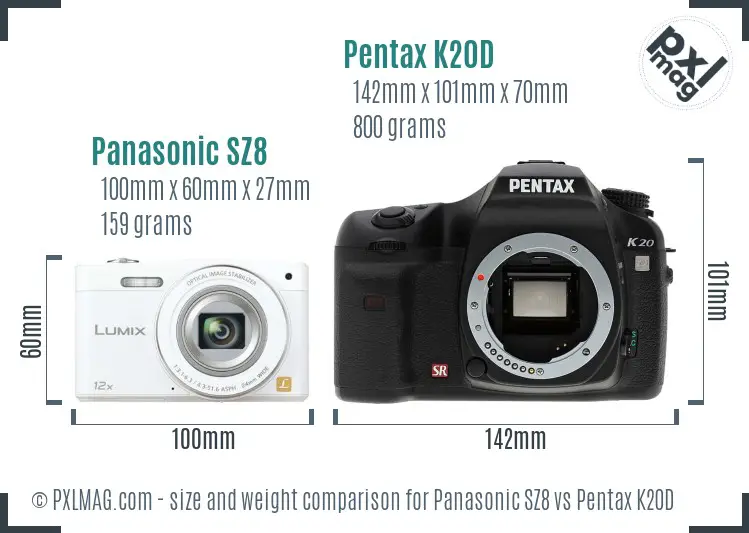 Panasonic SZ8 vs Pentax K20D size comparison