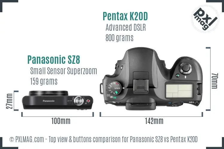 Panasonic SZ8 vs Pentax K20D top view buttons comparison