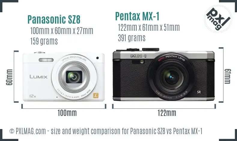 Panasonic SZ8 vs Pentax MX-1 size comparison