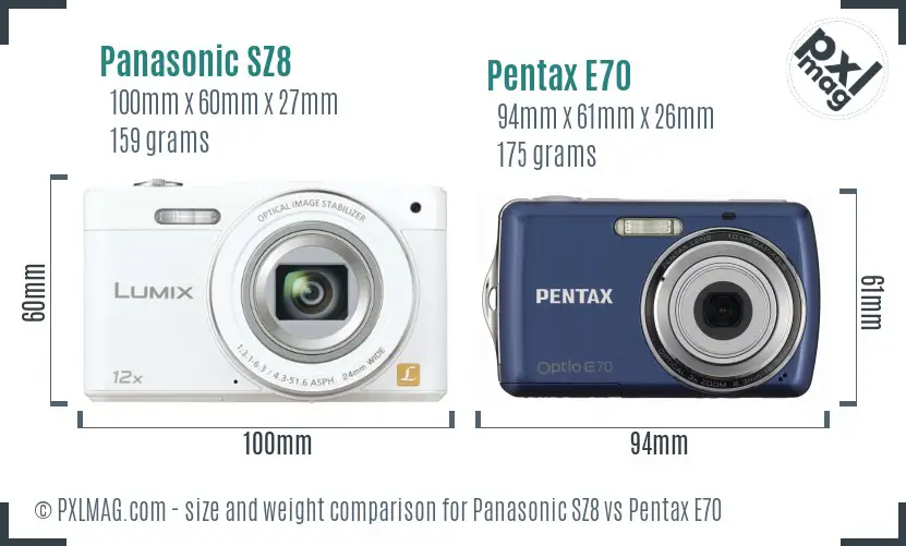 Panasonic SZ8 vs Pentax E70 size comparison