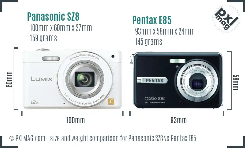 Panasonic SZ8 vs Pentax E85 size comparison