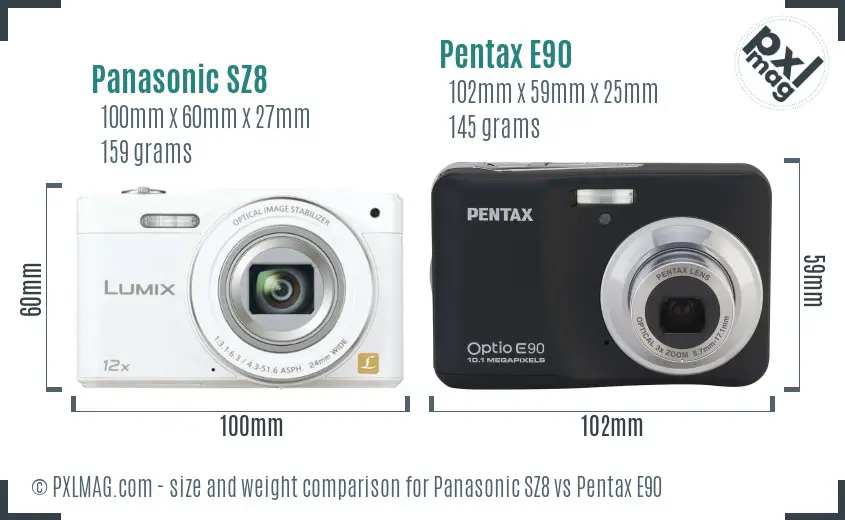 Panasonic SZ8 vs Pentax E90 size comparison