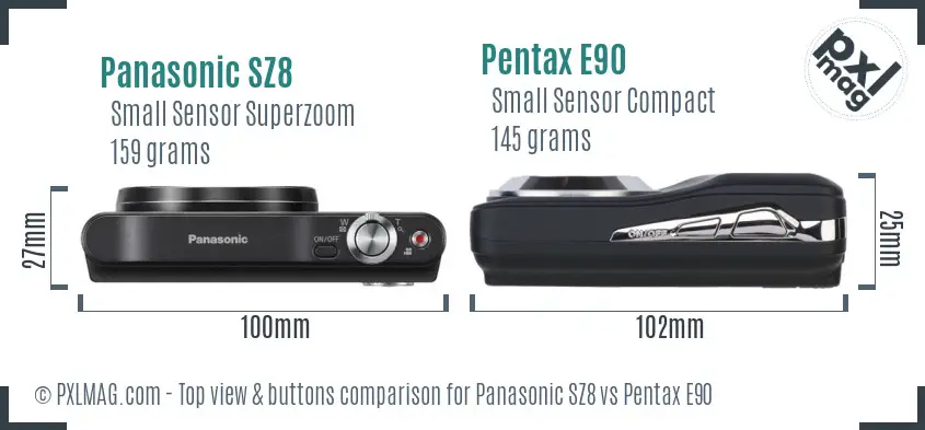 Panasonic SZ8 vs Pentax E90 top view buttons comparison