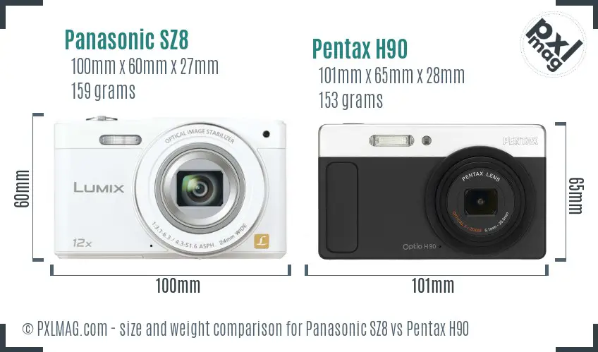 Panasonic SZ8 vs Pentax H90 size comparison