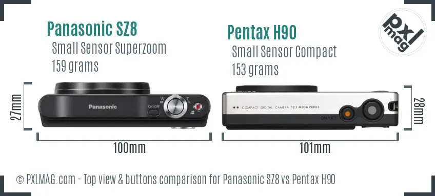 Panasonic SZ8 vs Pentax H90 top view buttons comparison