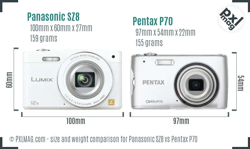 Panasonic SZ8 vs Pentax P70 size comparison