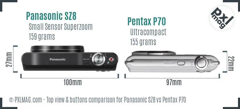 Panasonic SZ8 vs Pentax P70 top view buttons comparison