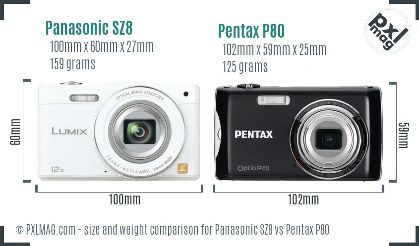 Panasonic SZ8 vs Pentax P80 size comparison