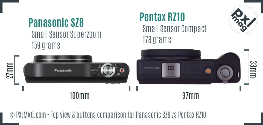 Panasonic SZ8 vs Pentax RZ10 top view buttons comparison