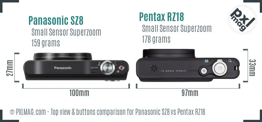 Panasonic SZ8 vs Pentax RZ18 top view buttons comparison