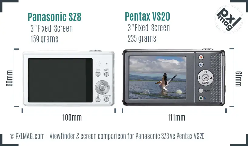 Panasonic SZ8 vs Pentax VS20 Screen and Viewfinder comparison