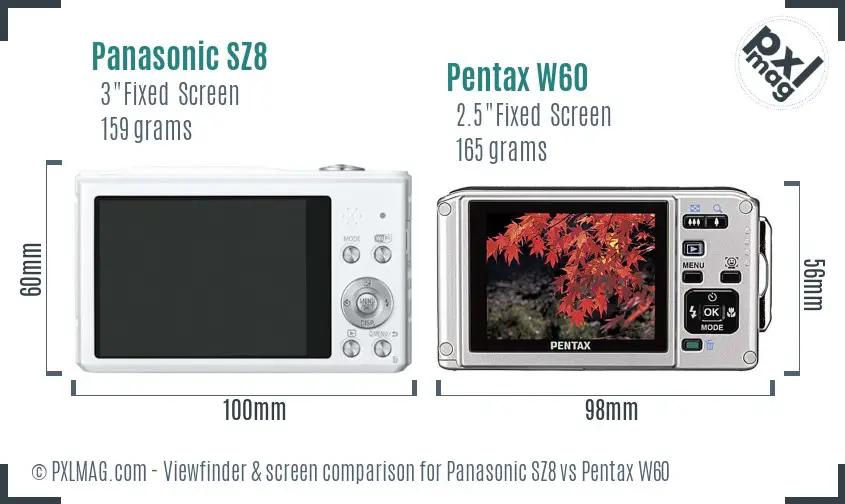 Panasonic SZ8 vs Pentax W60 Screen and Viewfinder comparison