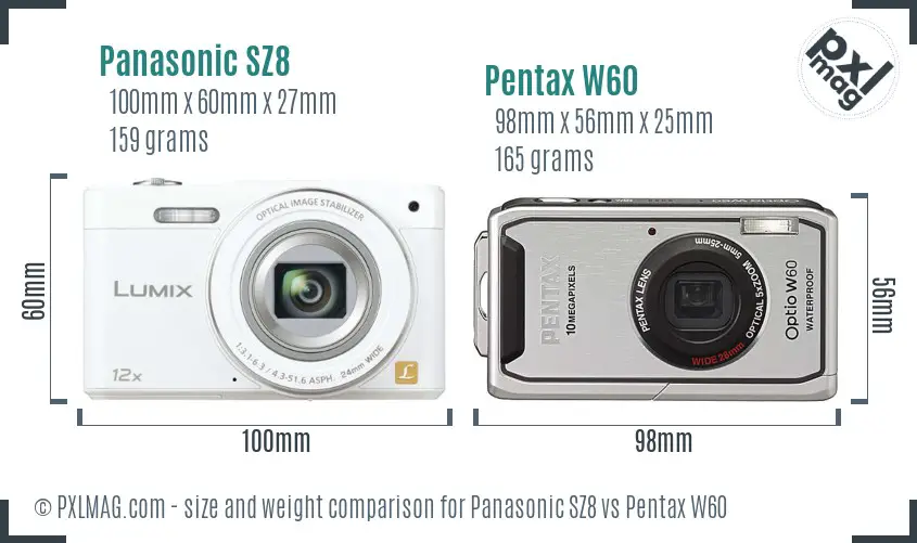 Panasonic SZ8 vs Pentax W60 size comparison