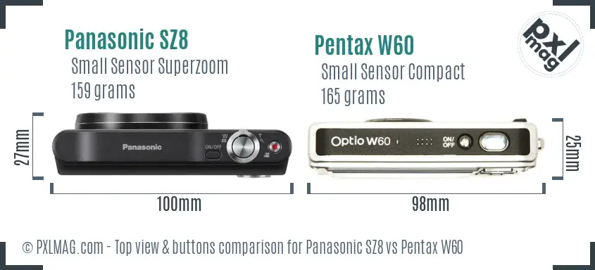 Panasonic SZ8 vs Pentax W60 top view buttons comparison