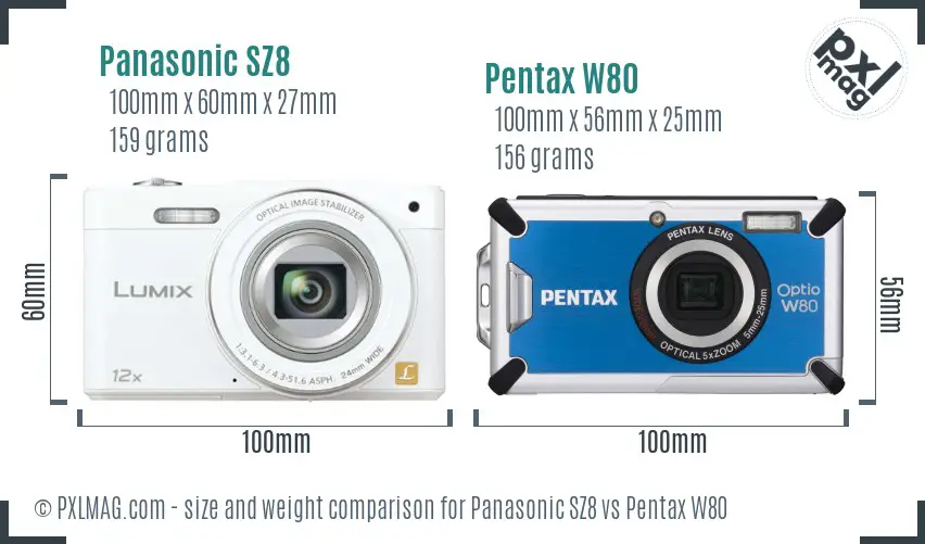 Panasonic SZ8 vs Pentax W80 size comparison