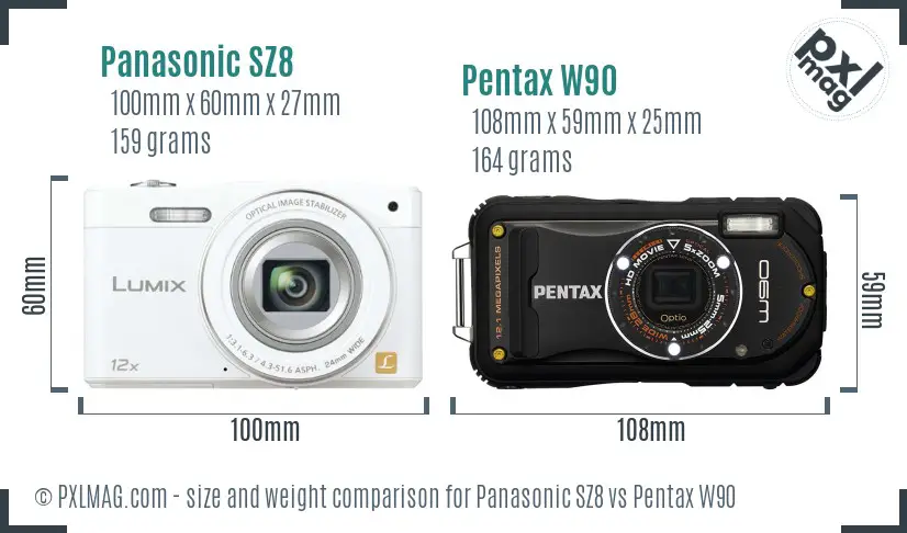 Panasonic SZ8 vs Pentax W90 size comparison