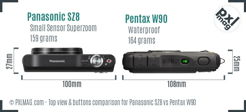 Panasonic SZ8 vs Pentax W90 top view buttons comparison
