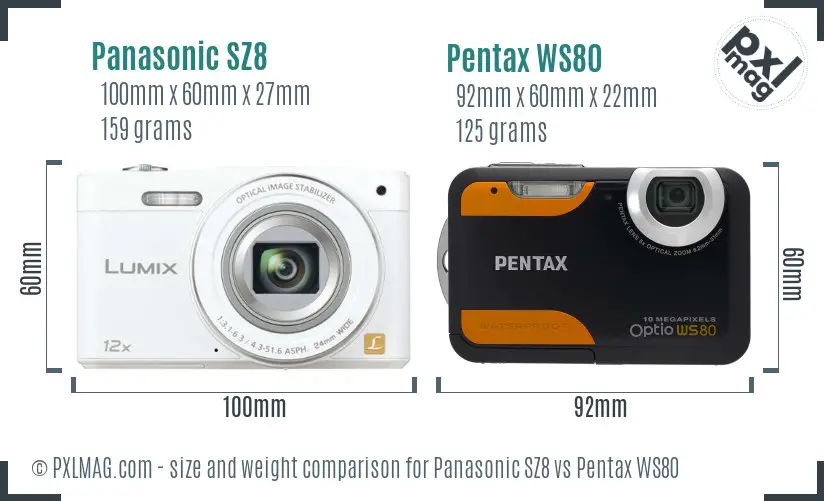 Panasonic SZ8 vs Pentax WS80 size comparison