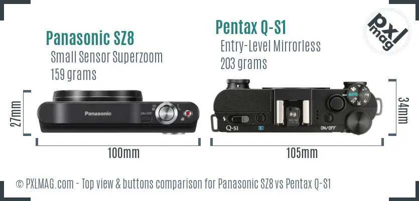 Panasonic SZ8 vs Pentax Q-S1 top view buttons comparison