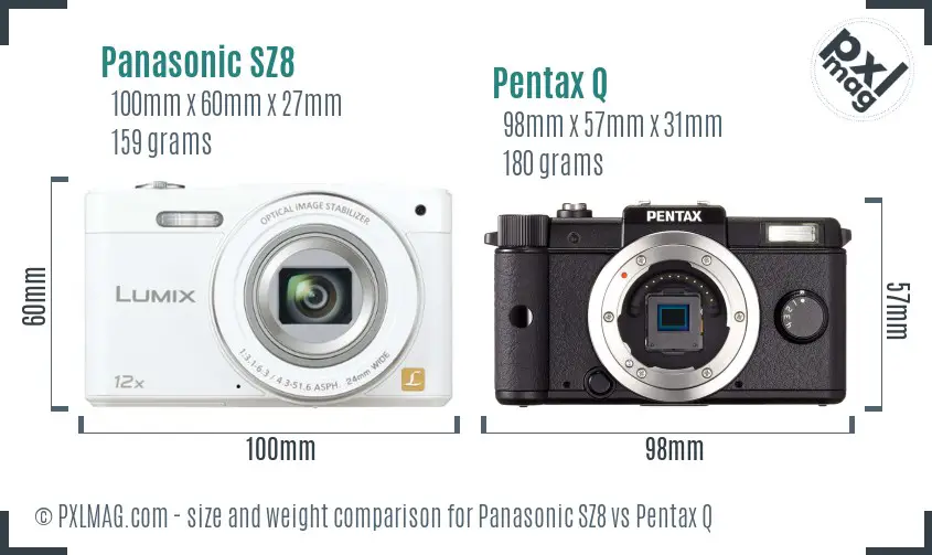 Panasonic SZ8 vs Pentax Q size comparison