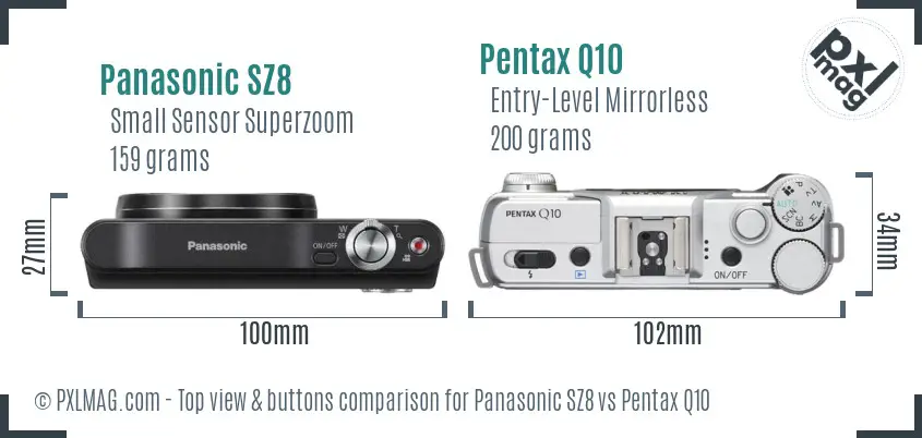 Panasonic SZ8 vs Pentax Q10 top view buttons comparison