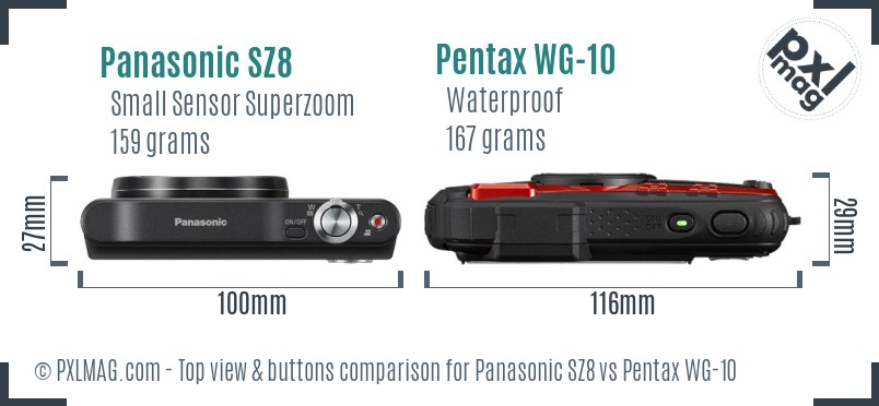 Panasonic SZ8 vs Pentax WG-10 top view buttons comparison