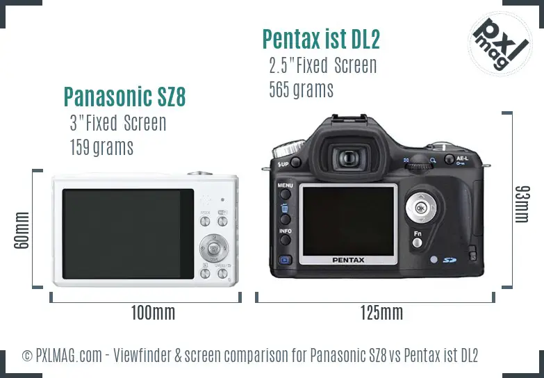Panasonic SZ8 vs Pentax ist DL2 Screen and Viewfinder comparison