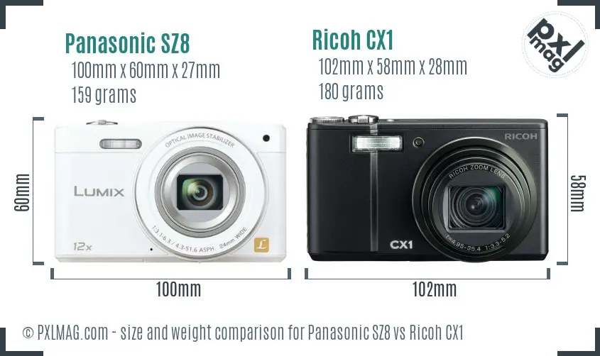 Panasonic SZ8 vs Ricoh CX1 size comparison