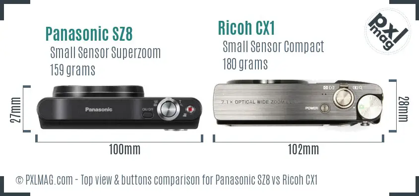 Panasonic SZ8 vs Ricoh CX1 top view buttons comparison