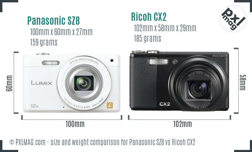 Panasonic SZ8 vs Ricoh CX2 size comparison