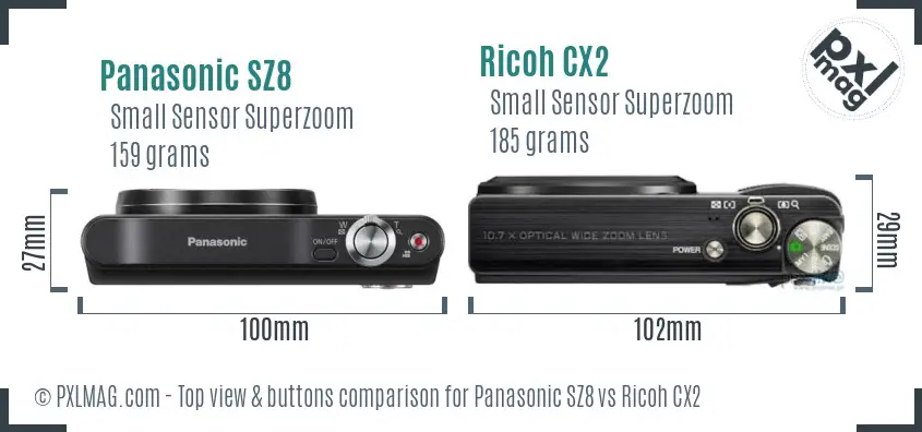 Panasonic SZ8 vs Ricoh CX2 top view buttons comparison