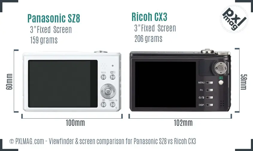 Panasonic SZ8 vs Ricoh CX3 Screen and Viewfinder comparison