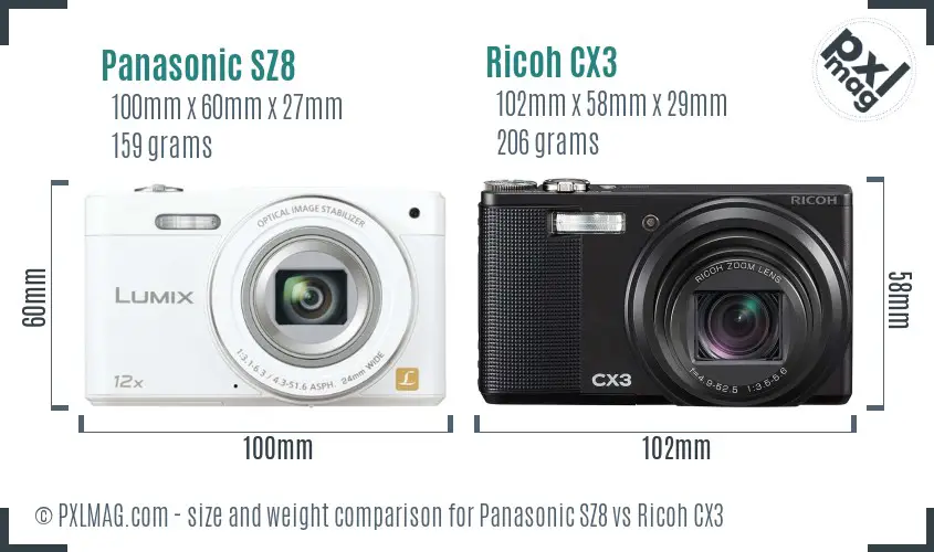 Panasonic SZ8 vs Ricoh CX3 size comparison