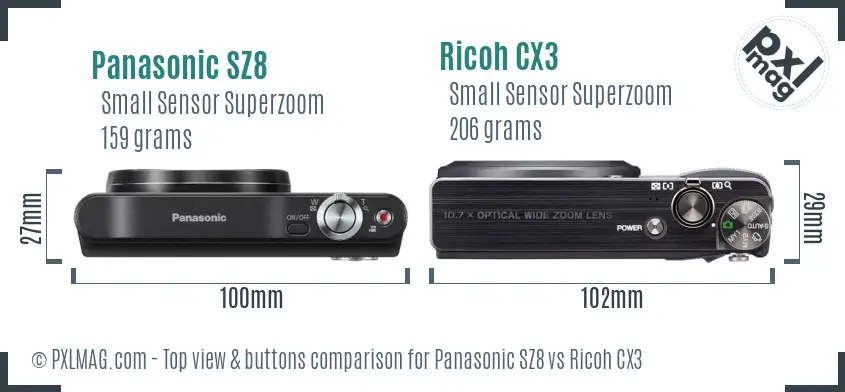 Panasonic SZ8 vs Ricoh CX3 top view buttons comparison