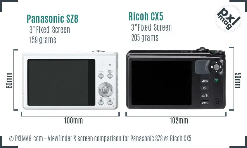 Panasonic SZ8 vs Ricoh CX5 Screen and Viewfinder comparison
