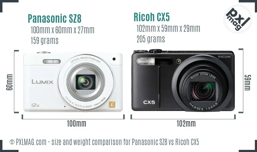 Panasonic SZ8 vs Ricoh CX5 size comparison