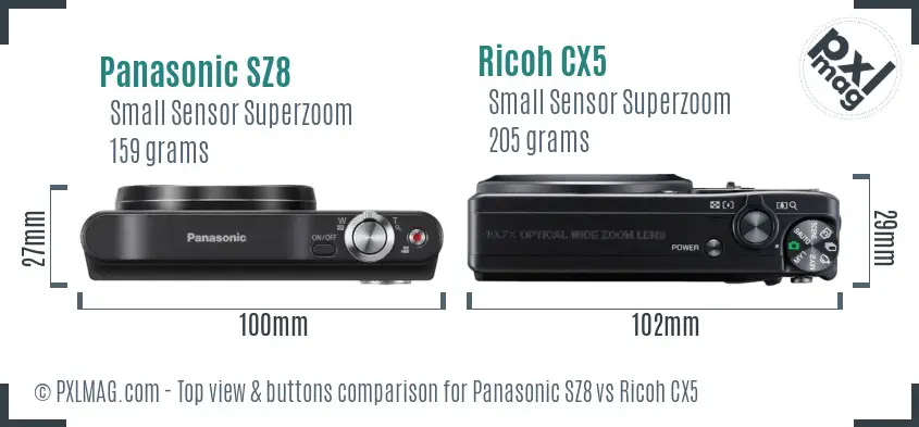 Panasonic SZ8 vs Ricoh CX5 top view buttons comparison