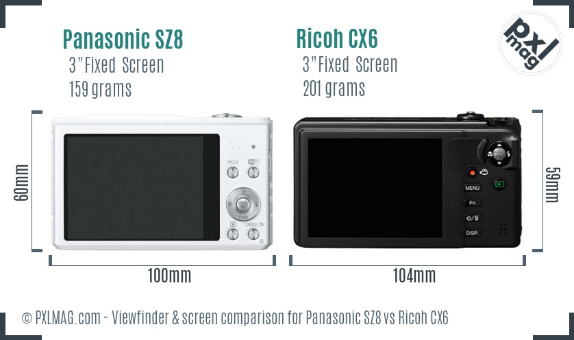 Panasonic SZ8 vs Ricoh CX6 Screen and Viewfinder comparison
