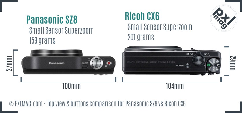 Panasonic SZ8 vs Ricoh CX6 top view buttons comparison