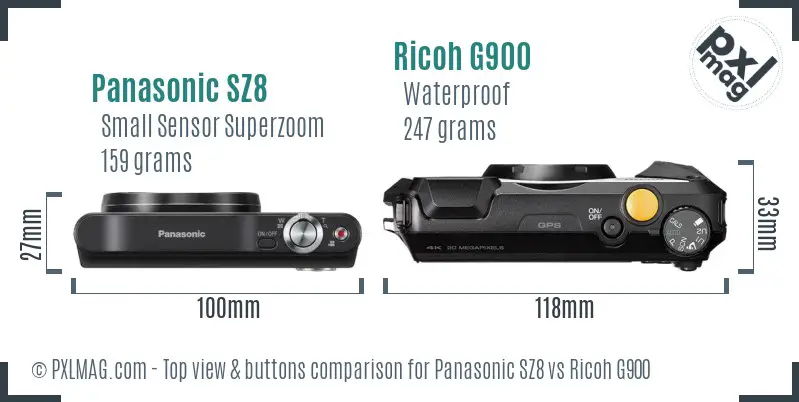 Panasonic SZ8 vs Ricoh G900 top view buttons comparison