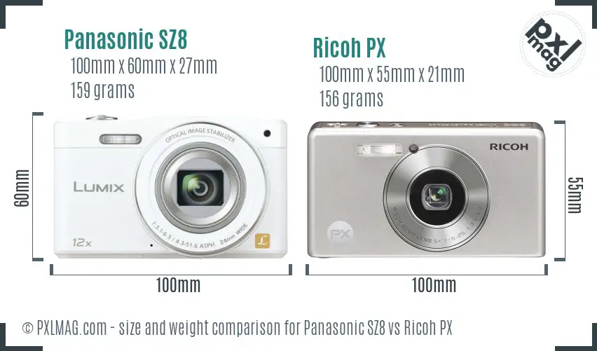 Panasonic SZ8 vs Ricoh PX size comparison