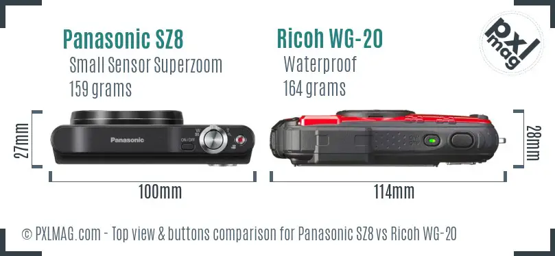 Panasonic SZ8 vs Ricoh WG-20 top view buttons comparison Panasonic SZ8 vs Ricoh WG-20 top view buttons comparison