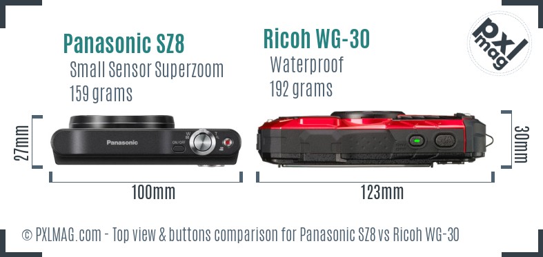 Panasonic SZ8 vs Ricoh WG-30 top view buttons comparison