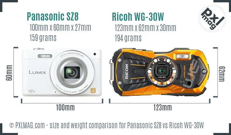 Panasonic SZ8 vs Ricoh WG-30W size comparison