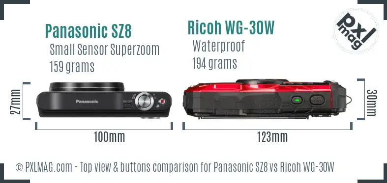 Panasonic SZ8 vs Ricoh WG-30W top view buttons comparison