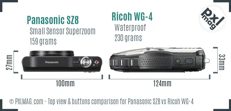 Panasonic SZ8 vs Ricoh WG-4 top view buttons comparison Panasonic SZ8 vs Ricoh WG-4 top view buttons comparison