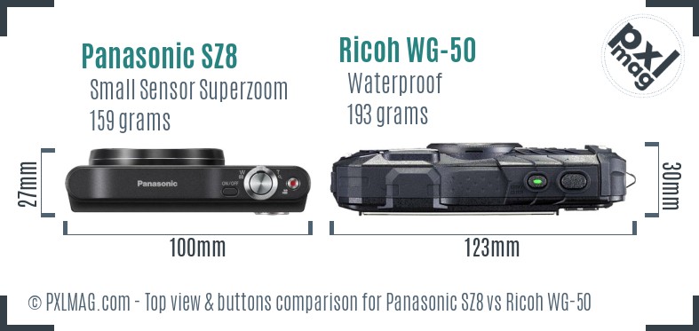 Panasonic SZ8 vs Ricoh WG-50 top view buttons comparison
